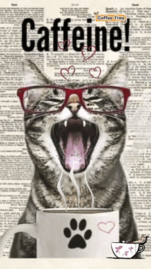 a cat wearing glasses is yawning while drinking a cup of coffee