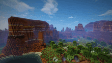 a minecraft landscape with mountains and a river