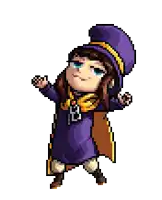 a pixel art of a girl wearing a purple hat