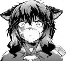 a black and white drawing of a girl with cat ears and blood on her face .