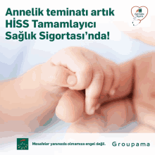 an advertisement for groupama shows a baby holding a person 's hand