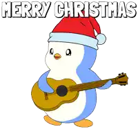 a penguin wearing a santa hat is playing a guitar