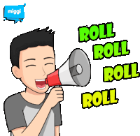 a cartoon of a man holding a megaphone that says roll