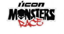 the logo for icon monsters race is black and red with a red border .