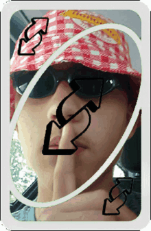 a person wearing a red hat and sunglasses is surrounded by arrows