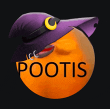 an orange with a witch hat and the word pootis