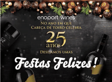 an advertisement for enoport wines with bottles of wine and christmas decorations