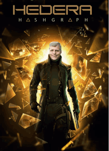 a poster for hedera hashgraph with a man in a trench coat