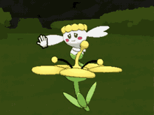 a cartoon character is sitting on a yellow flower