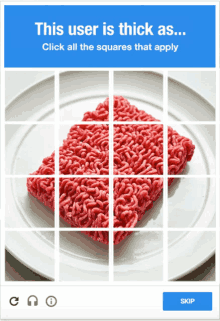 a screen shows a piece of ground beef on a white plate and says this user is thick as click all the squares that apply