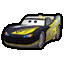 a cartoon drawing of a black and yellow race car from cars .