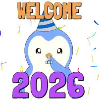 a penguin wearing a party hat blowing a party horn with the words welcome 2026 below it