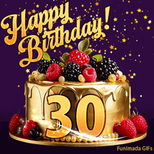 a gold cake with berries and the number 30 on it