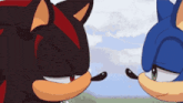 shadow the hedgehog and sonic the hedgehog are looking at each other with their noses touching .