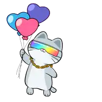 a cat wearing sunglasses and a chain is holding three balloons in the shape of hearts