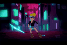 a cartoon character wearing sunglasses and shorts is dancing in a neon city