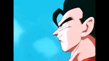 a close up of a dragon ball z character 's face with a blue sky in the background .