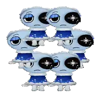 a group of blue cartoon characters with black eyes and stars on their faces