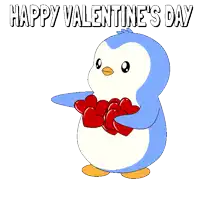 a blue penguin is holding a bunch of red hearts and the words happy valentine 's day are above it