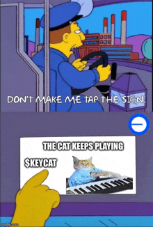 a cartoon of a man driving a car and a cat playing a piano