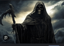 a grim reaper holding a scythe in a dark sky