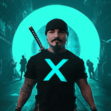 a man holding a sword and wearing a black shirt with the letter x on it