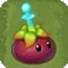 a cartoon strawberry with a sword sticking out of it is sitting on top of a green field .