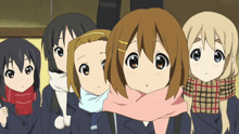 a group of anime girls wearing scarves are standing together
