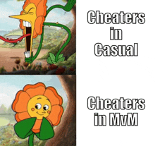 a cartoon of a flower with the words " cheaters in casual cheaters in mvm "