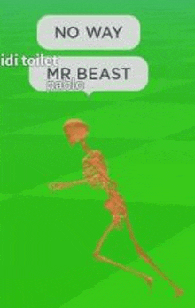 a skeleton is running on a green field with a speech bubble that says `` no way mr beast radio '' .