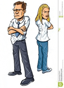 a cartoon of a man and woman standing back to back with their arms crossed .