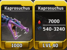 a picture of a purple crocodile next to a picture of a purple crocodile with the name kaprosuchus on it