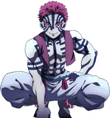 a cartoon character with red hair and white stripes on his body is squatting down