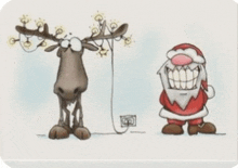 a cartoon of a reindeer and santa claus with christmas lights on their antlers