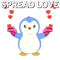 a penguin is holding two pink boxes with hearts on them and the words spread love
