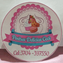 a logo for postres delicias ceci with a cupcake and cookies