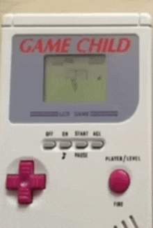 a white game child with pink buttons