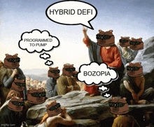 a painting with a speech bubble that says " hybrid defi "