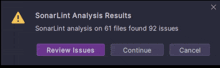 a sonarlint analysis results screen with a warning