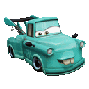 a blue tow truck from cars with big teeth and a wing .