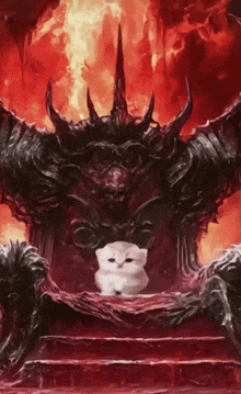 a white cat is sitting on a throne in front of a demon with horns