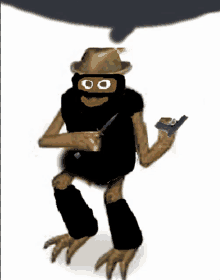 a drawing of a monkey wearing a mask and a hat holding a gun