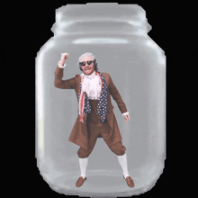 a man in a brown coat and scarf is standing inside of a glass jar
