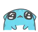 a cartoon of a blue cat with big eyes and a sad face .