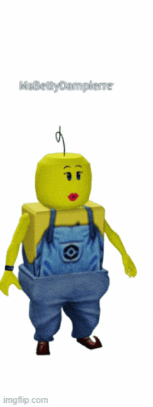 a yellow cartoon character with overalls on and the name mabetly damppierre on the bottom