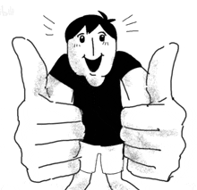 a black and white drawing of a man giving a thumbs up sign