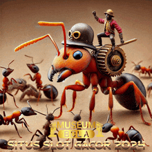 an advertisement for museum bola slot gacor shows a man riding on the back of a giant ant