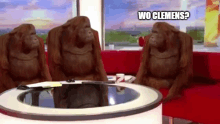 three orangutans are sitting on a couch with the words wo clemens on the bottom