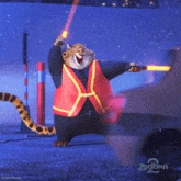 a poster for zootopia 2 shows a leopard holding a light