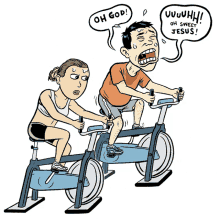 a cartoon of a man and a woman riding exercise bikes with speech bubbles saying oh god and oh sweet jesus